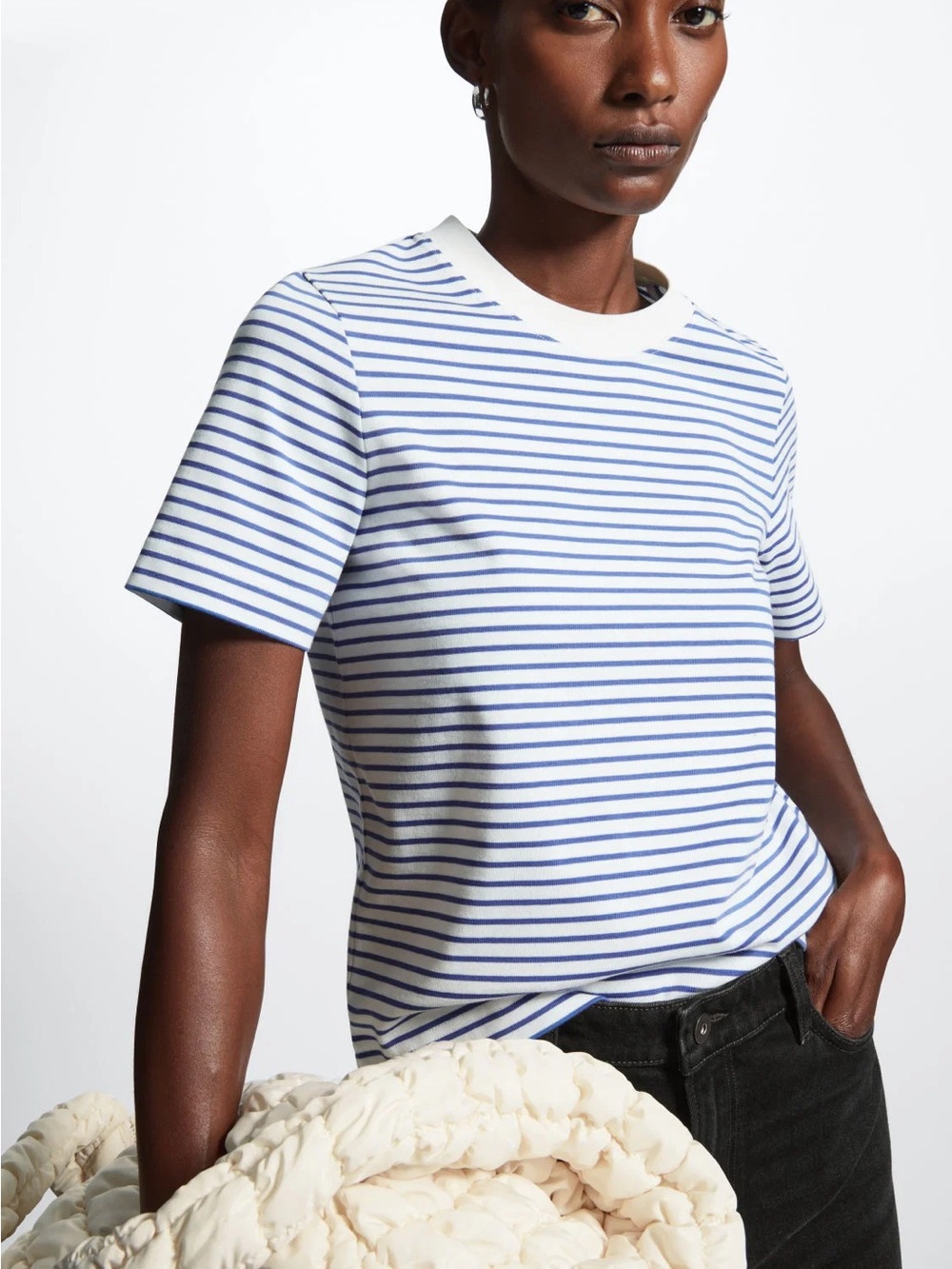 COS White Tee with Blue Horizontal Stripes - Picture 3 of 7